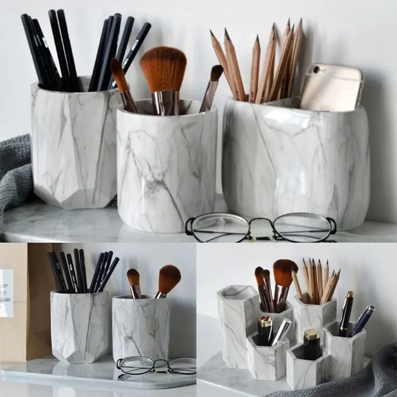 

Office Home Creative Pen Holder Makeup Brushes Vase Storage Box With Marble Grain Desk Container Tool