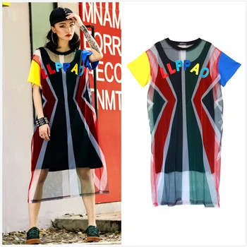 

Summer Dress Women Sheer Mesh O-Neck Letter Appliques Sexy Dress Tide Vogue High Street Loose Long Dress Vestidos De Festa SL178