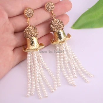 

Fashion 4Pair Simulated Pearl Bead Tassel Earring Pave Rhinestone Flower Cap Earrings For Women