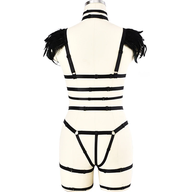 Feather Epaulettes Big Ring Harness Bra Gothic Body Harness Set Sexy Lingerie Elastic Adjust G-string Wedding Leg Garter Belt Feather Epaulettes Big Ring Harness Bra Gothic Body Harness Set Sexy Lingerie Elastic Adjust G-string Wedding Leg Garter Belt