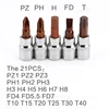 21Pcs 1/4" 6.35mm Drive Torx Star Bit Socket Kit Set for Hand Tools Hex Sockets for Ratchet Wrench PH1-PH3 T10-T40 HW3-HW8 2