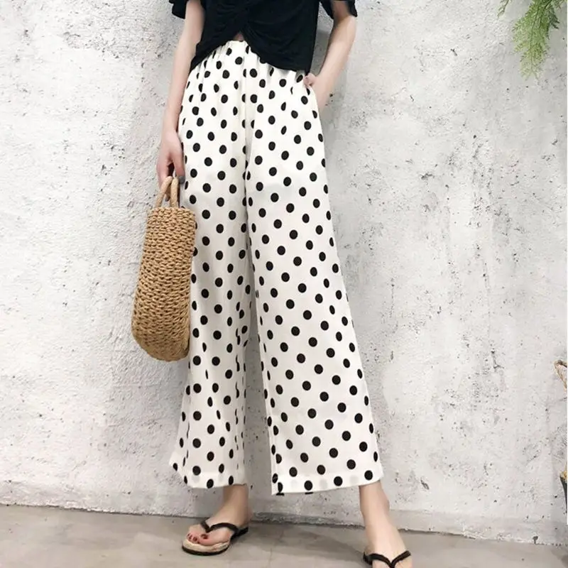 

New Fashion Women's Wide leg Harem Pants Casual High Waist Wave Point Wild Black Flare Pants Elastic Waist Elastic Nine Pants