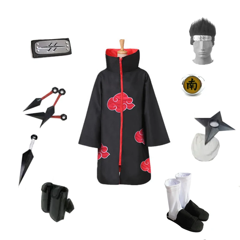 

NARUTO Cosplay Akatsuki Hoshellogaki Kisame Unisex Party Halloween Costume Red Cloud Cloak Headband Shoes Kunai Ring Etc.