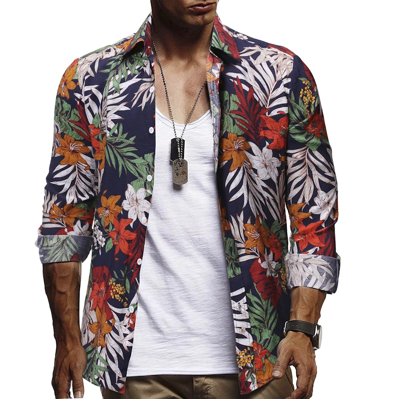 

2019 New Large Size Men'S Fashion Printed Casual Long-Sleeved Shirt Hawaiian Shirt