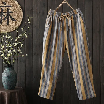

Women Pants Linen Cotton Casual Harem Pants Harajuku stripe Green Trousers Female Ankle-length Length Pants elastic waist pants