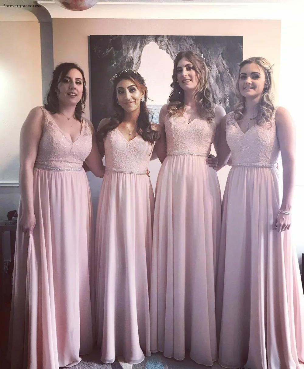 Pink Bridesmaids Dresses For Summer Boho Weddings A Line V Neck Applique Sequins Top Beaded Sash Long Evening Prom Gowns Plus Size  99 (2)
