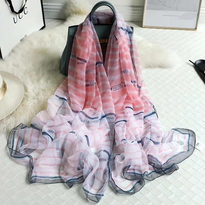 

Luxury brand 2019 striped women scarf summer silk scarves hijabs beach stoles neck head high quality shawls and wraps foulard