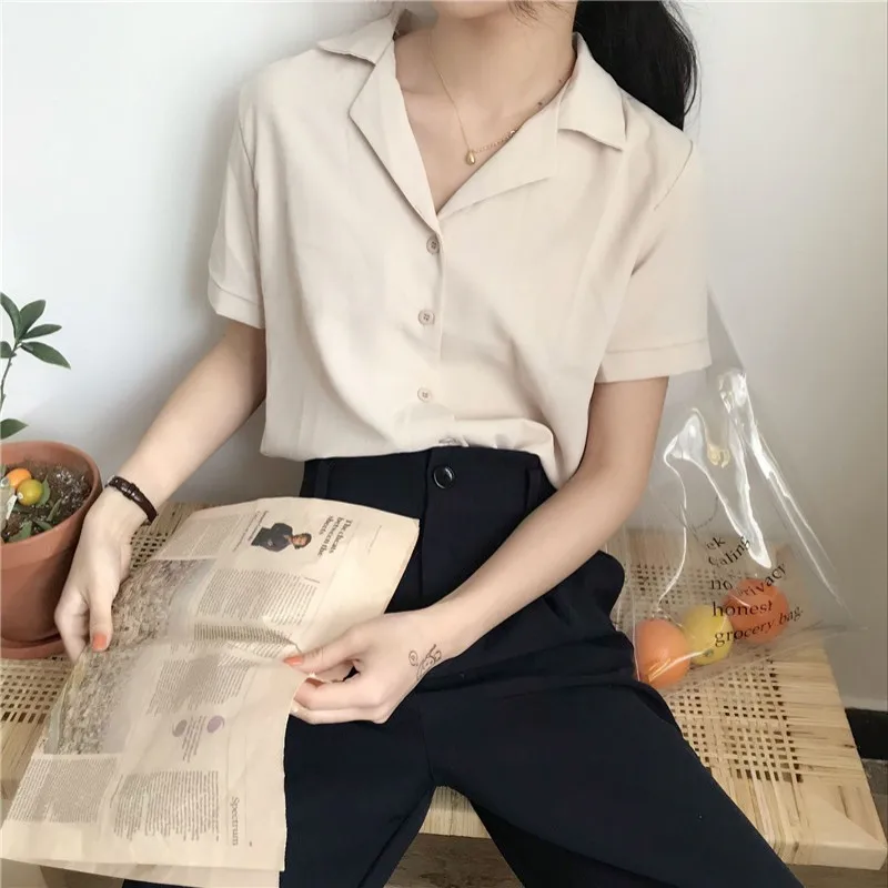 Women's Elegant Short Sleeves Plain Shirt Apricot
