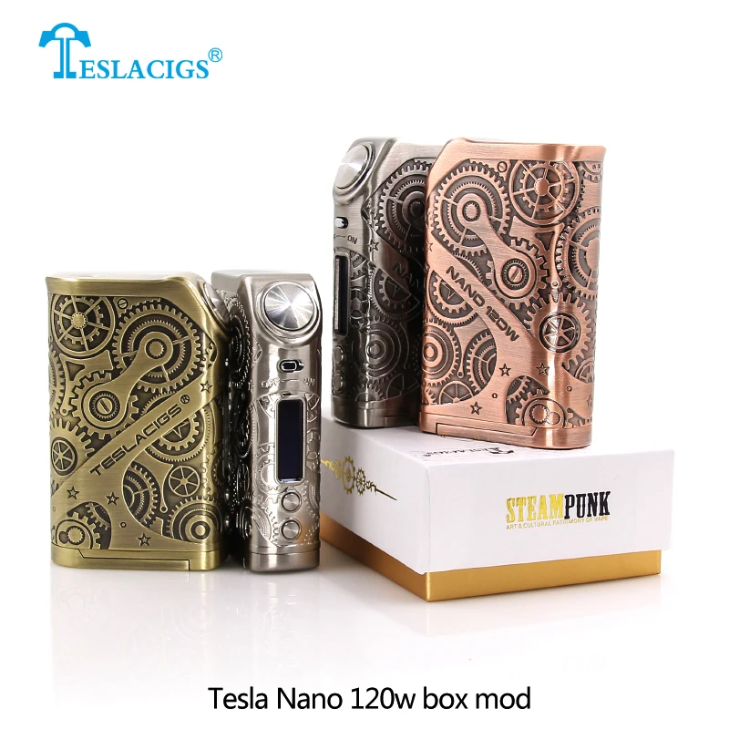 

Original Teslacigs Tesla Nano mod 120w Vape Box Mod Steampunk style VW/TC/TCR mode Electronic cigarette Mod for 510 thread