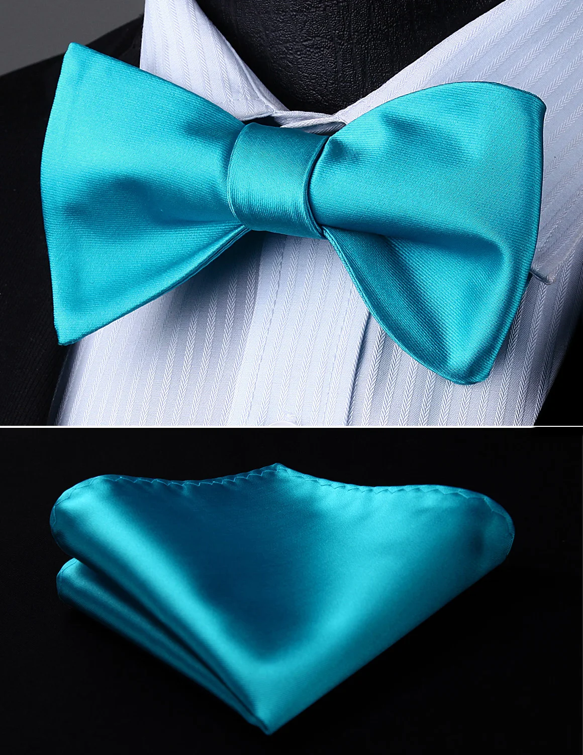 Men Woven Party Wedding Blue Aqua Solid Self Bow Tie Pocket Square Set