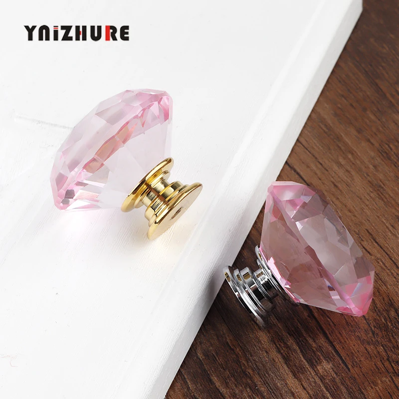 2019 New 40mm Diamond Shape Pink Crystal Glass Knobs Cupboard Pulls Drawer Handle Kitchen Cabinet Jewelry Wardrobe 1PCS