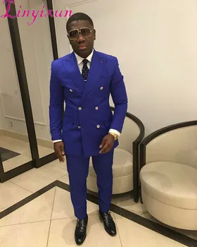 

Linyixun 2019 Tailored Made Royal Blue Suit Men Groomsman Groom Tuxedo Terno Slim Fit 2 Piece Double Breasted Blazer Party
