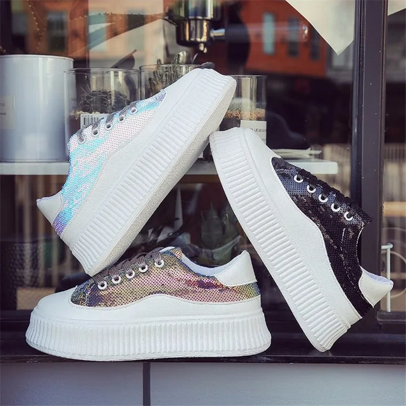 

Bling Increased Platform sneakers women 2019 spring summer shoes women Fashion Breathable Mixed Colors Lace-Up flat female shoes