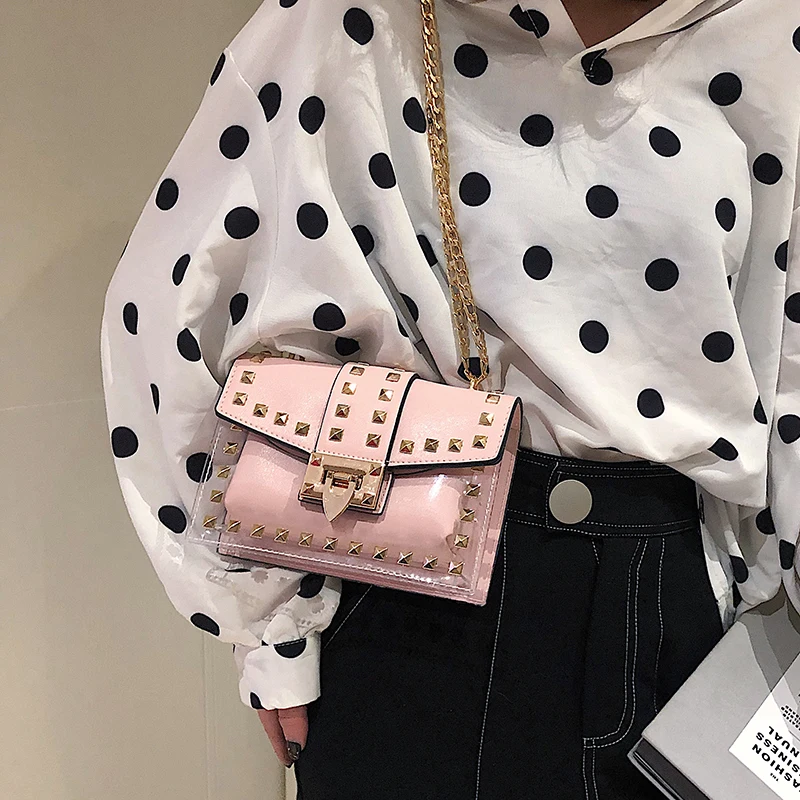 

Small clear Brand Designer Woman 2019 New Fashion Messenger Bag Chains Shoulder Bag Female Rivets Transparent Square PU Handbag