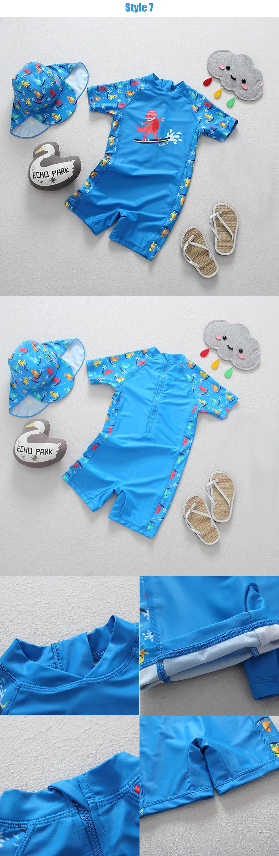 Roupa de Banho Peça com Chapéu Fatos de Banho do Bebê Terno de Natação Meninos Crianças Maiô Menino Dinossauro Impressão Upf50 uv Sun Block Uma 16 ??7