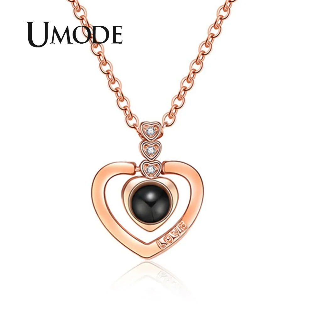 

UMODE 2018 New Rose&White Gold 100 Languages I Love You Heart Pendant Necklaces for Women CZ Zircon Link Chain Necklace AUN0313