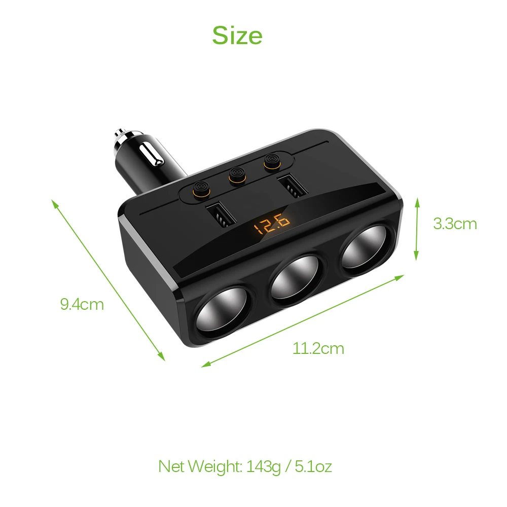 3 Way 100W разветвитель гнезда прикуривателя 3.1A двойной Переходник USB для зарядки в машине с автономными переключателями и вольтметр lcd