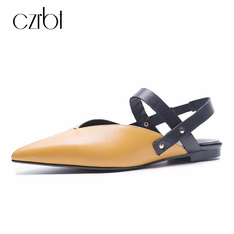 

CZRBT Women Slingbacks Sandals 2018 Summer Genuine Leather Slip-On Shoes Ladies Big Size Pointed Toe Ankle Strap Concise Shoes