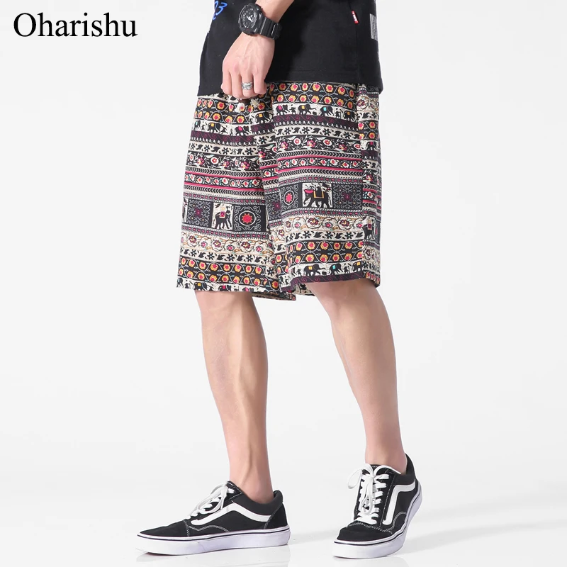 Новые модные мужские хлопковые шорты с принтом Мужские повседневные шорты бермуды с завязками на талии Гавайские короткие мужские брюки M-5XL