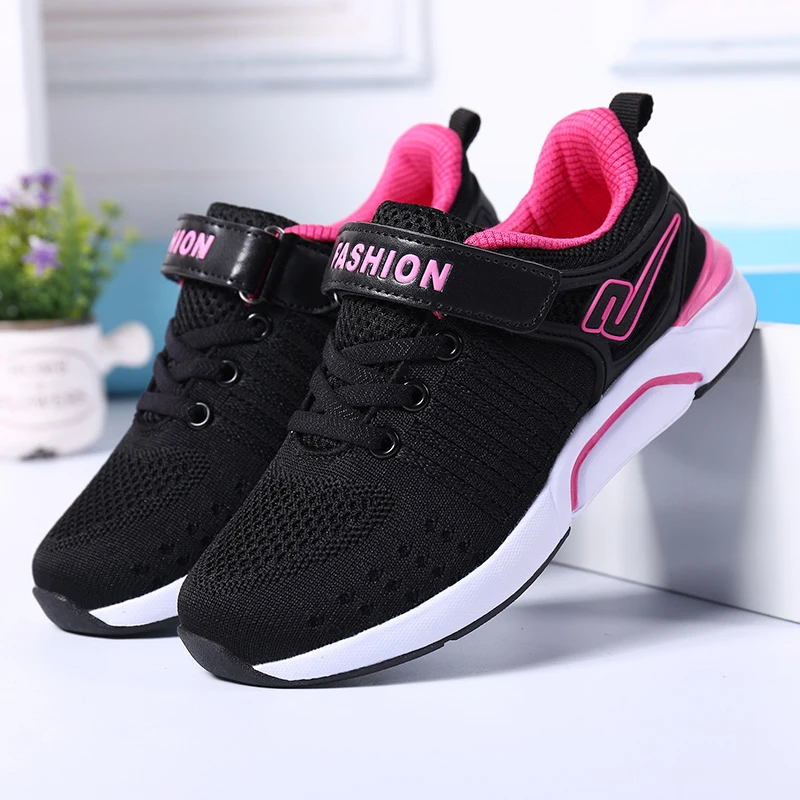 ULKNN/черная детская спортивная обувь для девочек; сезон весна-осень; дышащая сетчатая трикотажная обувь для школьников; детские кроссовки для отдыха для студентов - Color: black