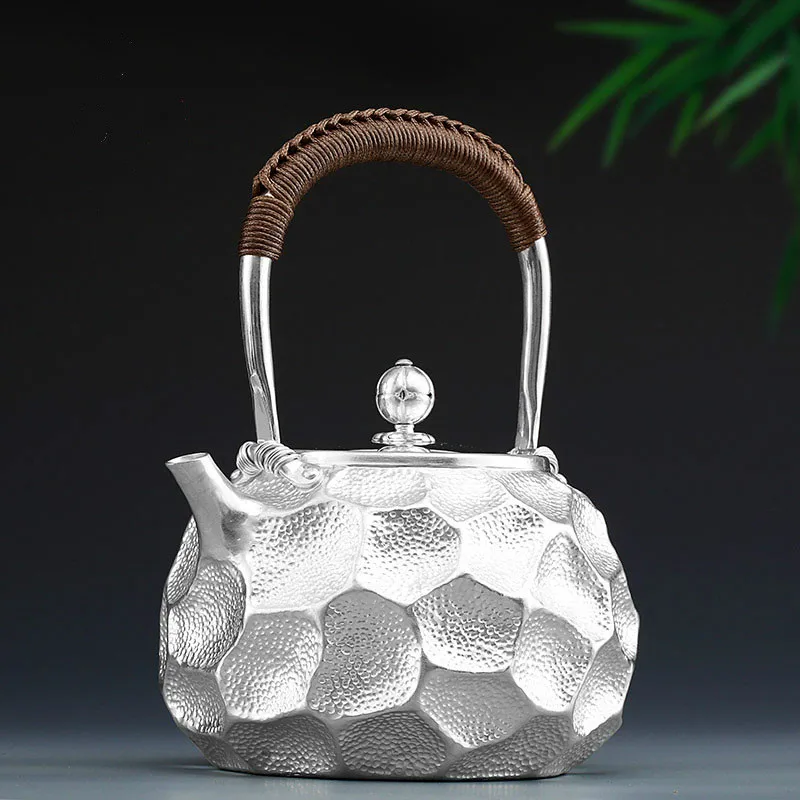 Чистый серебряный чайный набор кунг-фу, ручное производство чистого серебра 999 сделать старый горящий чайник воды напоминание чайник, офис