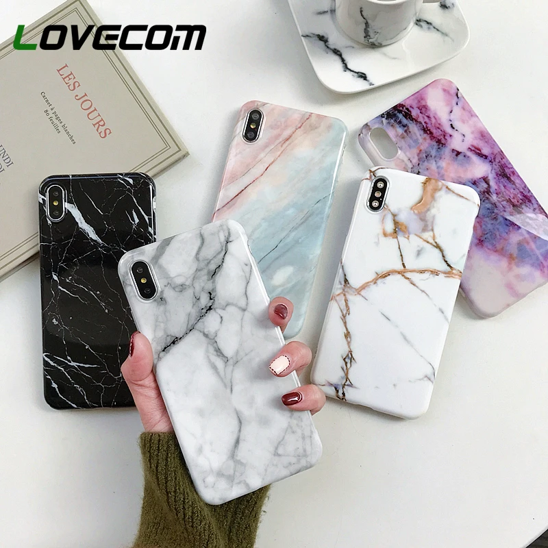 

LOVECOM Phone Case For iPhone XR XS Max 8 7 6 6S Plus X Soft IMD Vintage Cracked Marble Glossy Full Body Back Cover Cases Gifts