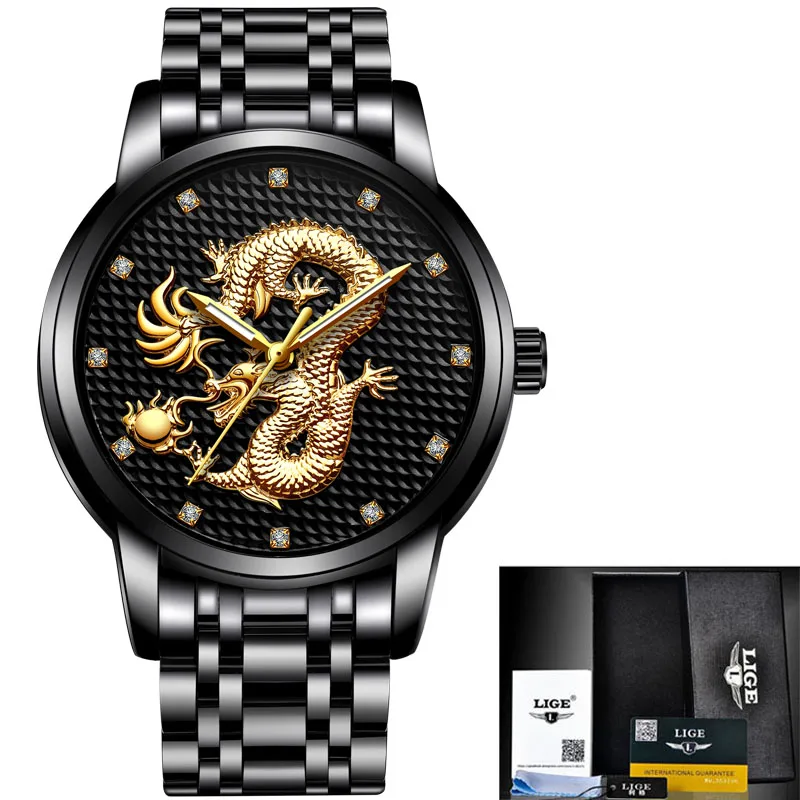 LIGE, мужские часы, Лидирующий бренд, Роскошные Кварцевые часы, мужские, повседневные, модные, водонепроницаемые, полностью стальные, спортивные наручные часы, Relogio Masculino+ коробка - Цвет: Full black