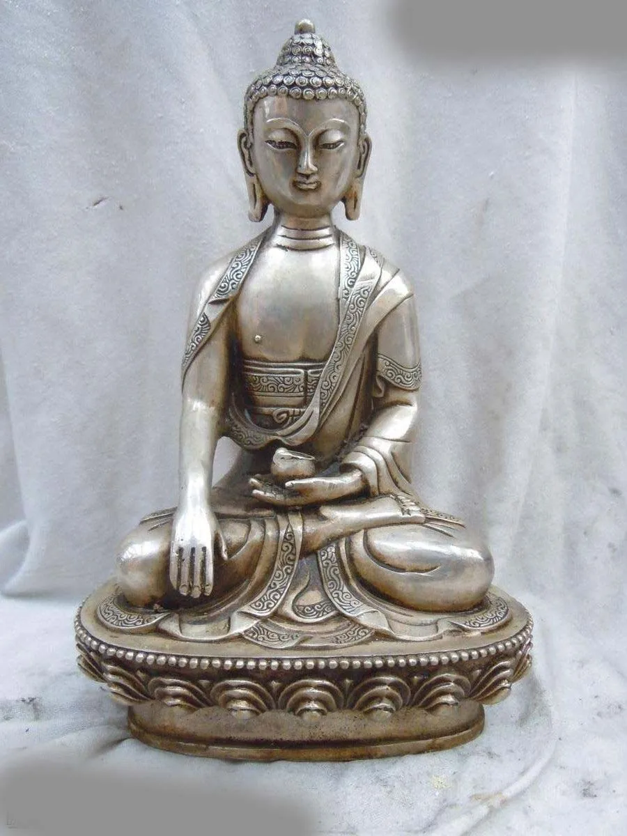 

11" China silver carved Bhaisajyaguru Ming Dyuasty buddha Sculpture statue