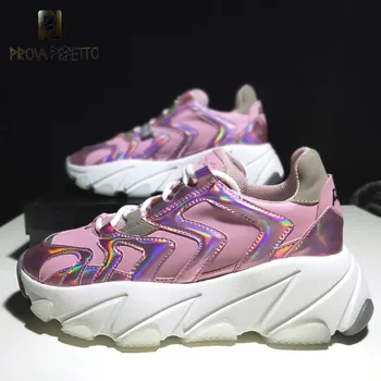 

Prova Perfetto 2019 Summer New Woman Sneaker Shoes All-match Shining Thick Bottom Lace-up Fashion Sneakers Ins Popular Shoes