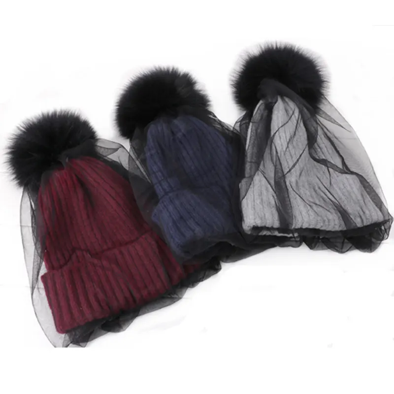 2019 New Faux Fur Pom Pom Hat Mesh Lace Beanies Cap Winter Warm Knitted Hats For Women Fashion Veil  Skullies Caps 3