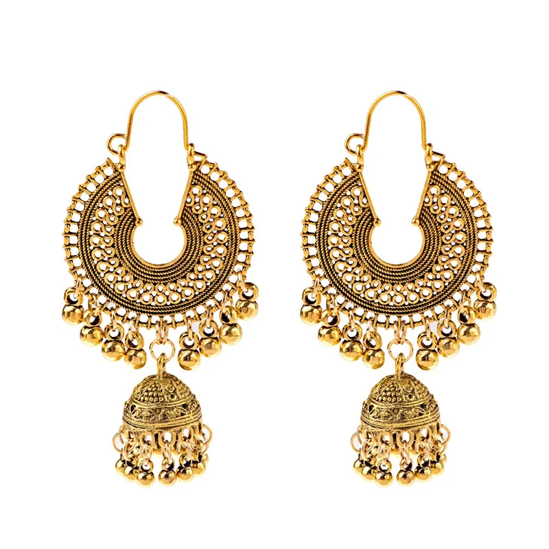 Этнические Ретро большие круглые турецкие колокольчики индийская джумка серьги женские классические винтажные турецкие серебряные серьги с кисточками Bijoux - Окраска металла: 093-1