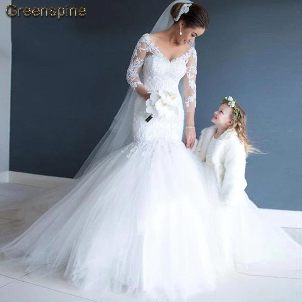 

Greenspine Mermaid Wedding Dresses 3/4 Sleeves 2019 Robe De Mariee Vintage Lace Bridal Dress Open Back Customize Wedding Gown