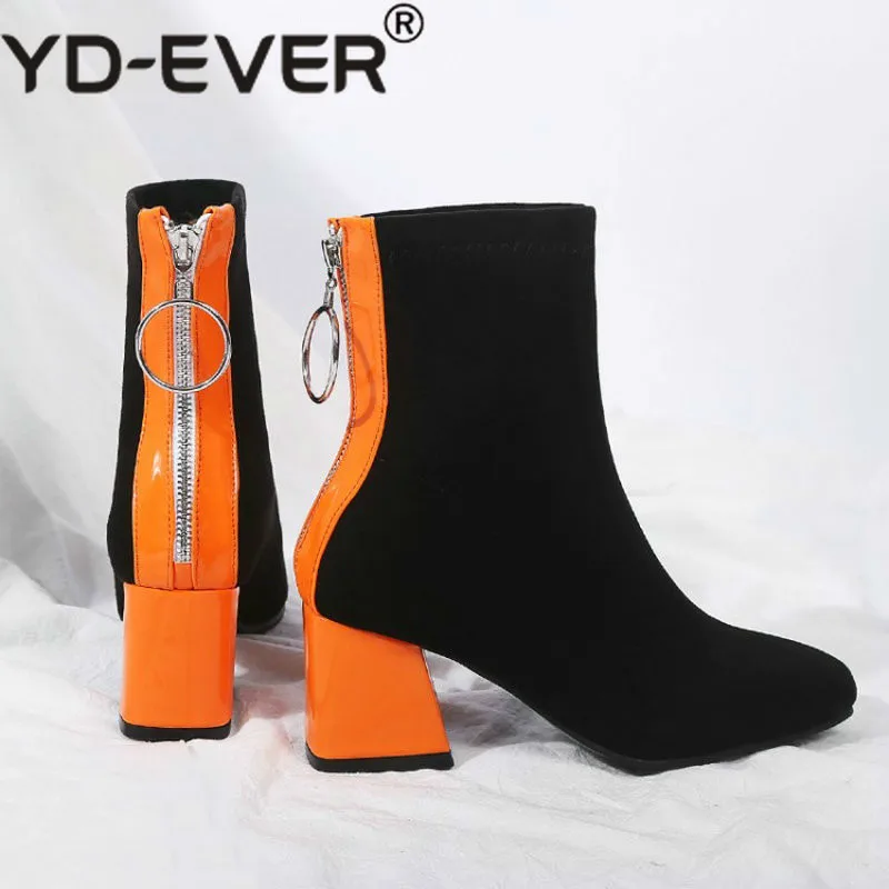 

contrast color orange black block high heels shoes woman stretch fabric women ankle boots socks booties size 45 46