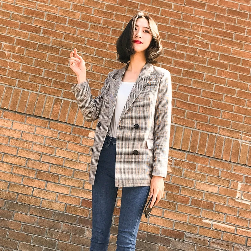 Women's Plaid Retro Pockets Blazer-4