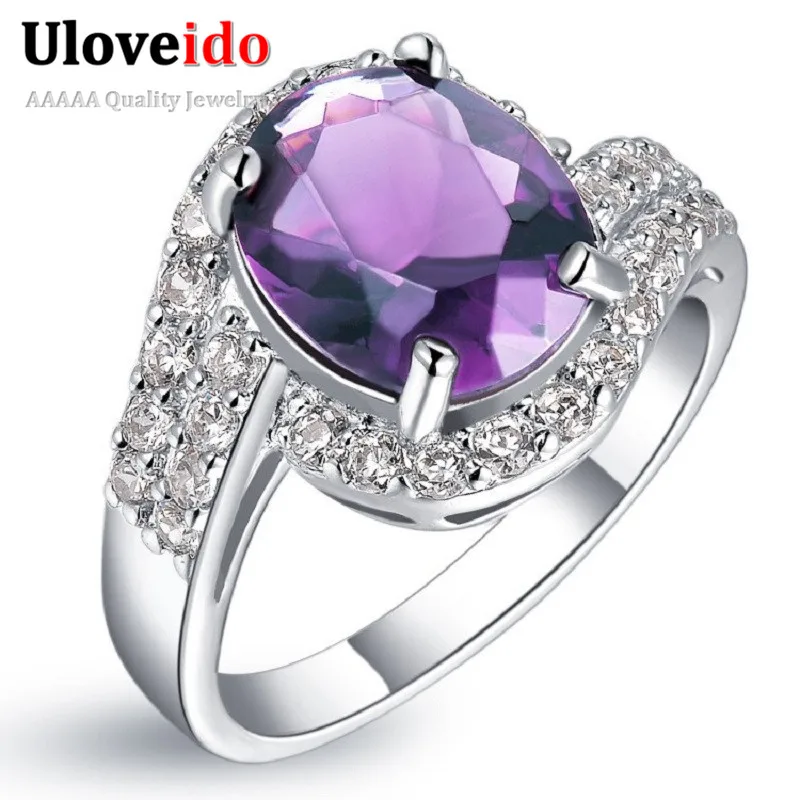 Uloveido 2018 Purple Engagement Rings for Women Silver Color Love Cubic Zirconia Ring Jewellery Womens Rings Anillos J334