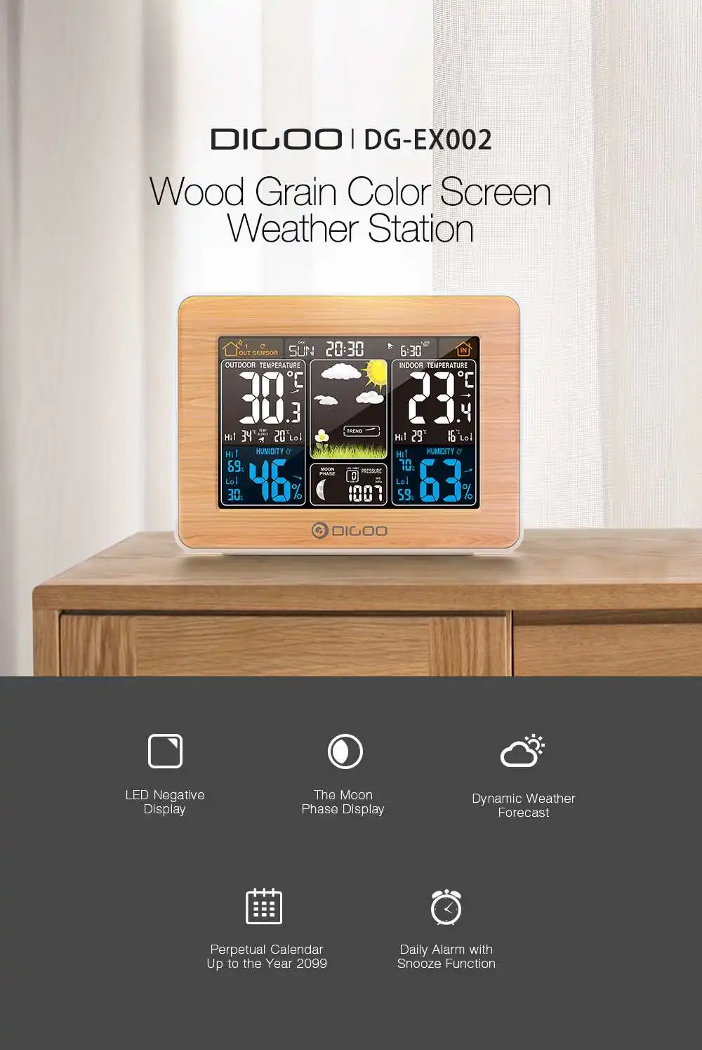 DIGOO DG-EX002 цветная комнатная Метеостанция+ Открытый датчик погоды/термометр гигрометр/Календарь/повтор/фаза Луны