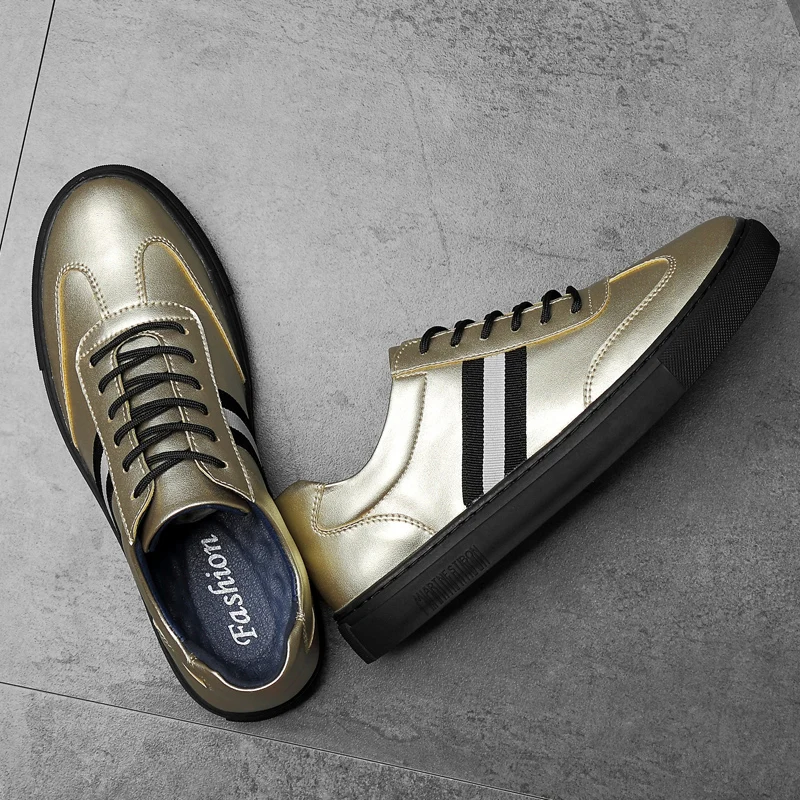 DENGKELAI мужские кроссовки Сверкающие Золотые спилок кожаные туфли высокого качества резиновая подошва прочная мужская повседневная обувь