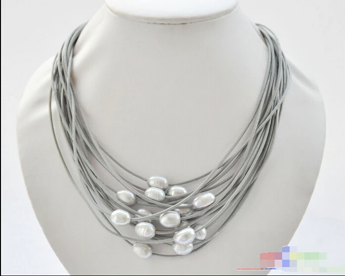

Free shipping@@@@@ P5150 15row 20" 13mm gray rice pearl gray leather necklace