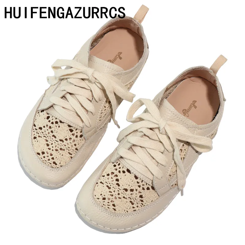 

HUIFENGAZURRCS-Genuine leather shoes,pure handmade lazy shoes, breathable hollowed sandals with Leisure fltas Girl shoes