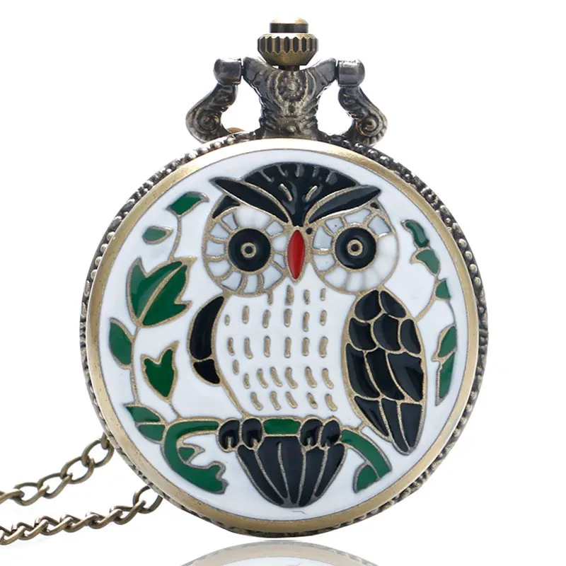 Lovely Animal Pocket Watch Epoxy Cartoon Owl Painting Slim Necklace Cute Girl Student Clock