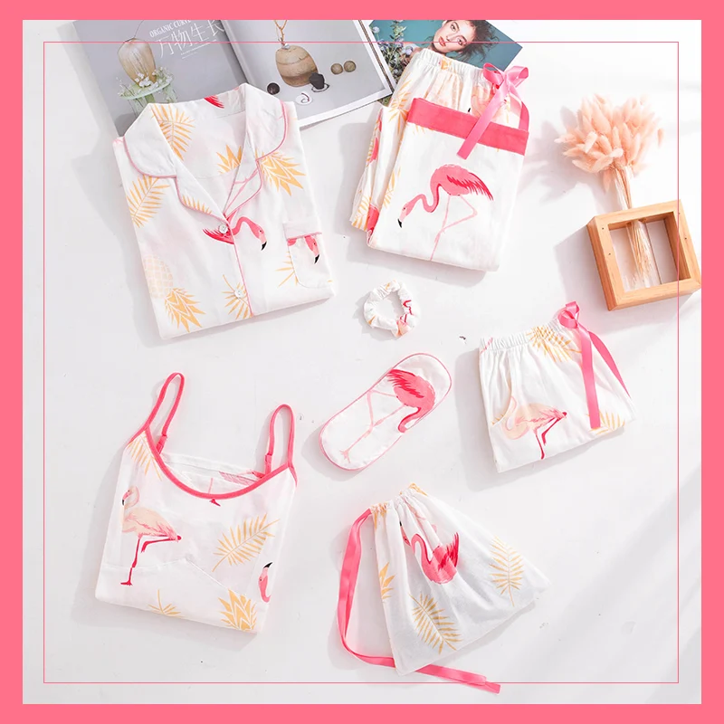 

ZDFURS*Women Flamingo 7 Pieces Pajama Set Cotton Pajamas Women Sleepwear Home Clothes Sexy Pijama Night Suit Spring Pyjamas