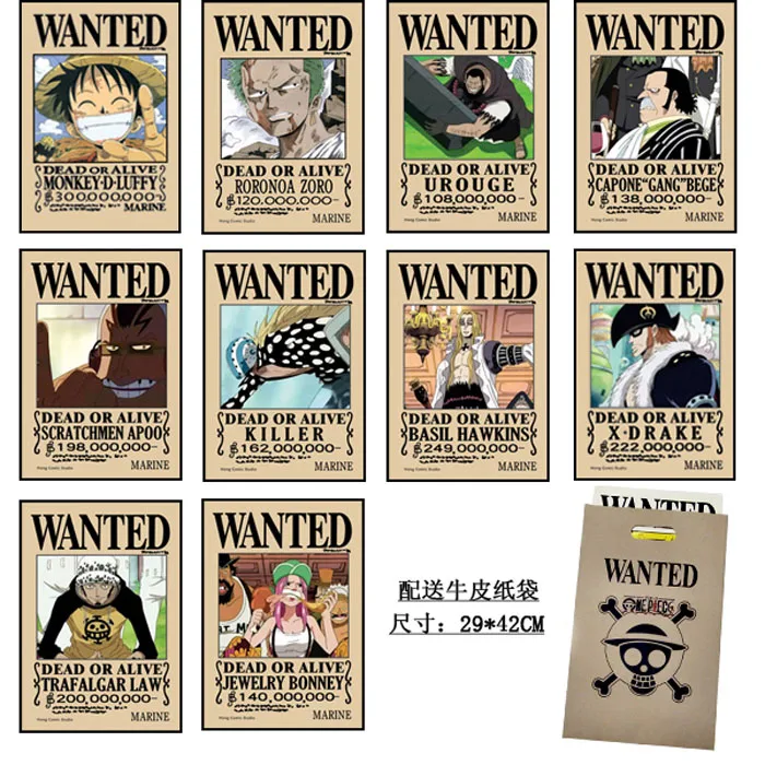 10 Pcs Lot Anime One Piece Wanted Embossing Poster Toy Supernova