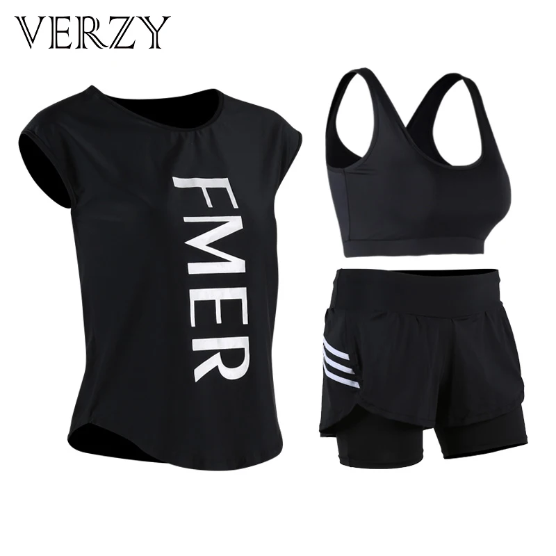 

Women Sports Yoga Set Letters Quick Dry Gym Running Tights Suit Fitness Padding Bra T-shirt Shorts Femme Tracksuit