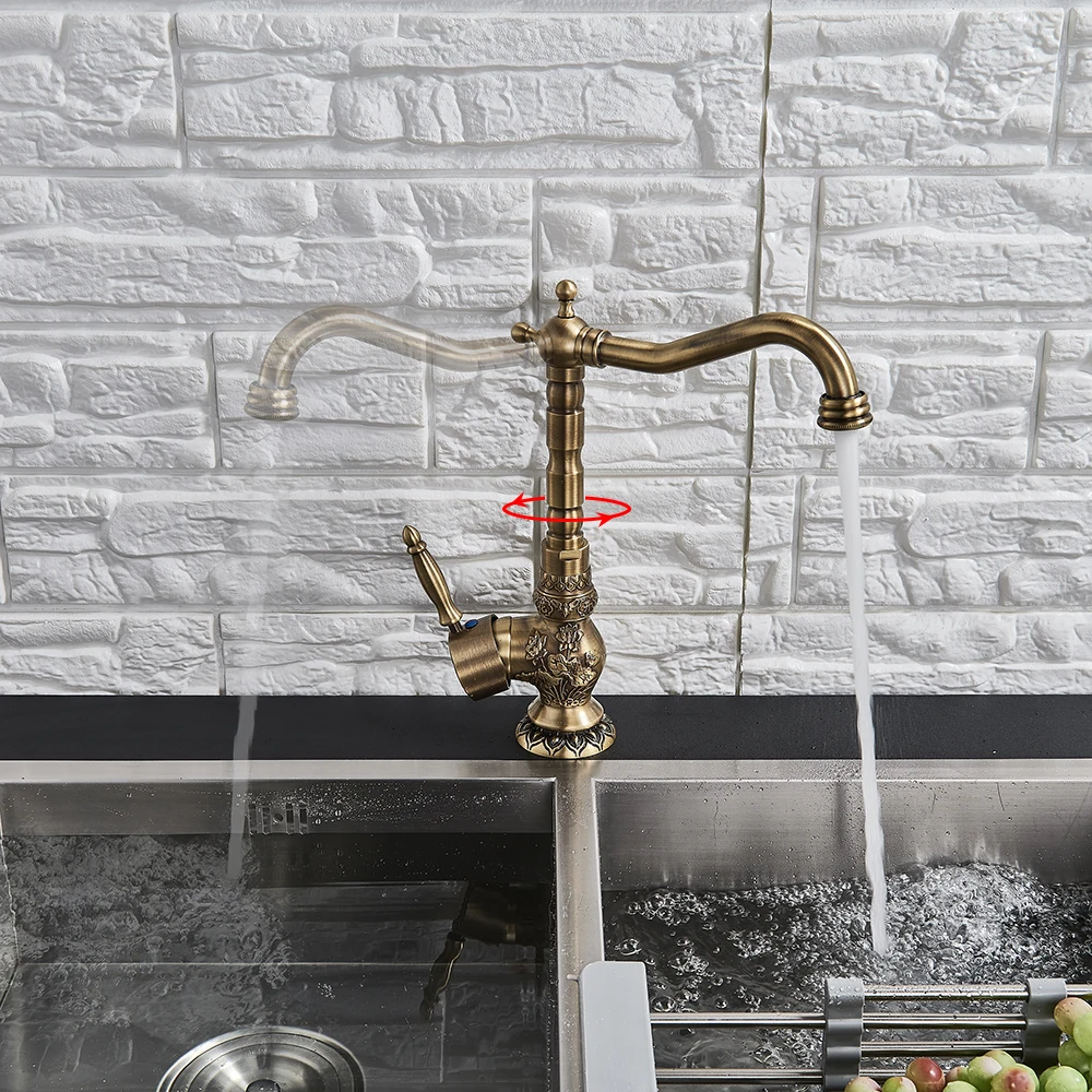 European Style Kitchen Faucet Antique Brass Carved Flower Art 360 Degree Swivel Cold and Hot Water Mixe Tap European Style Kitchen Faucet Antique Brass Carved Flower Art 360 Degree Swivel Cold and Hot Water Mixe Tap