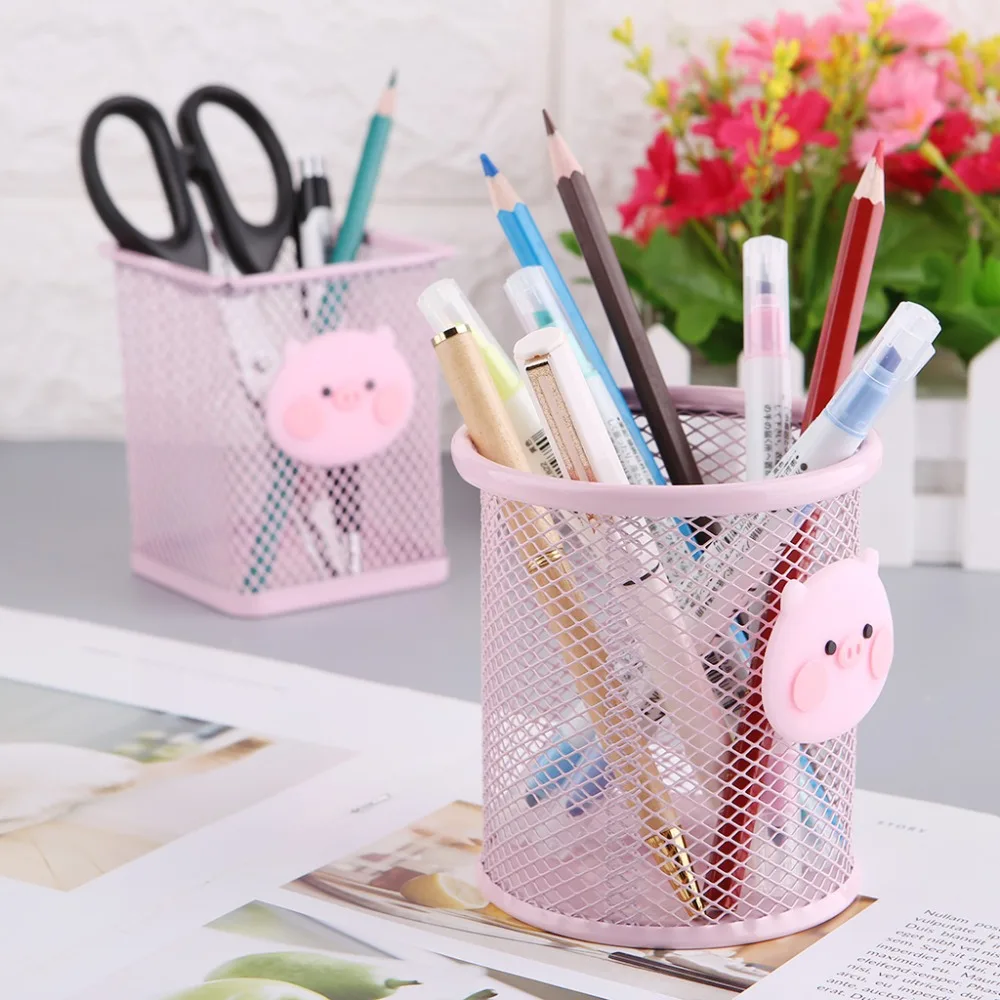 

Pen Holder Pink Metal Grid Container Large Capacity Multi-function Storage Box Girls Holiday Gifts