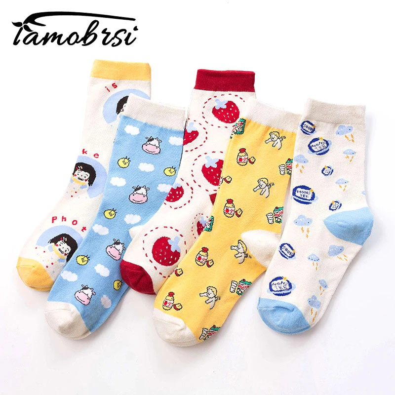 Корейские хлопковые носки с изображением клубники из коровьей кожи, женские осенне-зимние милые носки из хлопка с рисунками из мультфильмов