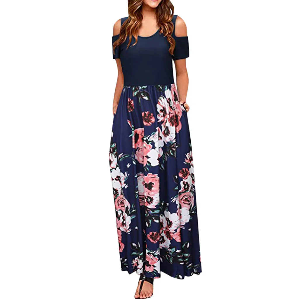 Summer Sexy Party Dress Women Vintage Cold Shoulder Pockets Maxi Dresses Woman Party Night Beach Dress Women Clothes 2019