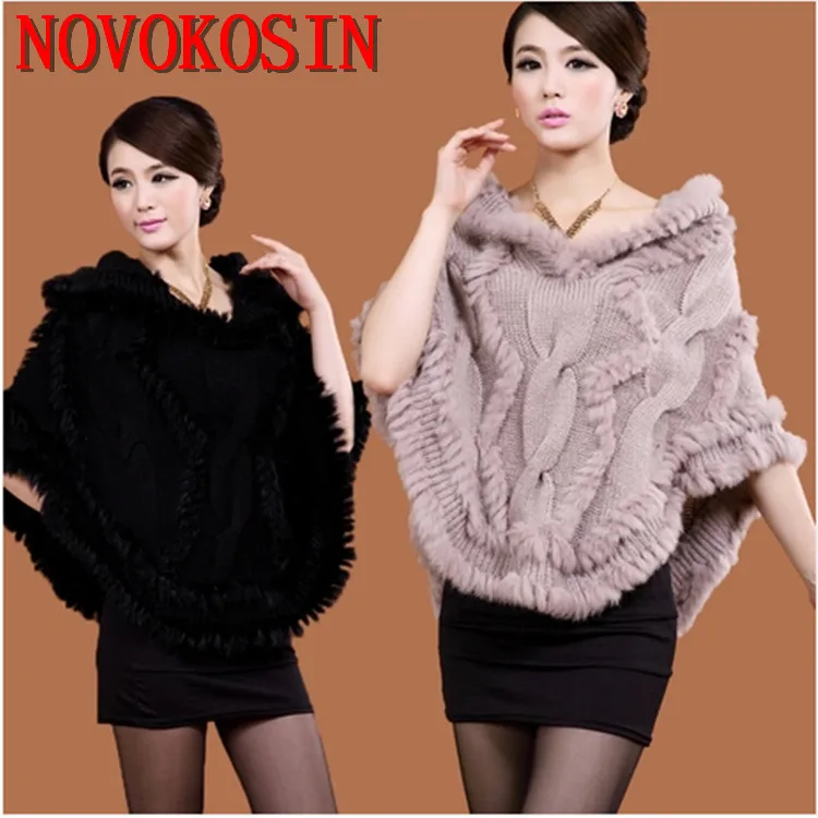 

SC14 2018 Autumn Winter Fashion Imitation Rabbit Fur Patchwork Knitted Shawl Female Loose Poncho Black Thick Coat With Hat