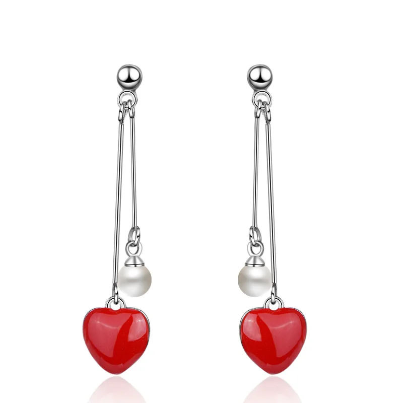 

Romantic Red Love Heart Resin Plastic Pearl 925 Sterling Silver Female Long Tassel Stud Earrings Jewelry For Women Gift Cheap