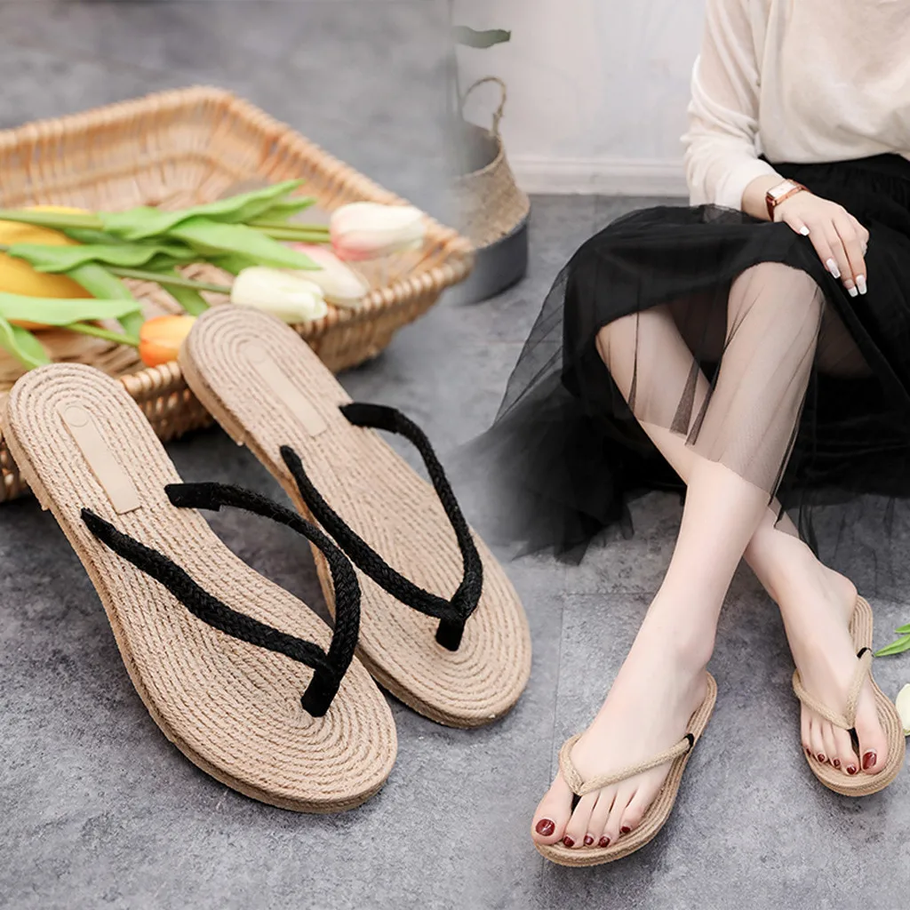 

Flats Bottom Concise Straw Weaving Slippers Women's Trendy National Beach Wind Clip Toe Slides Roman Outdoor Casual Flip Flops